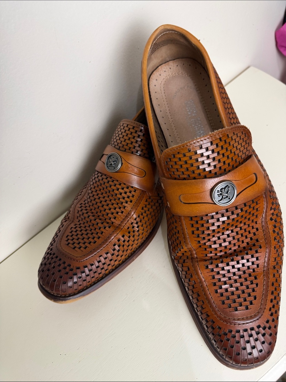 Stacy Adams Woven Leather Slip-On Loafers - Cognac Brown Size: 12 - Picture 3 of 12